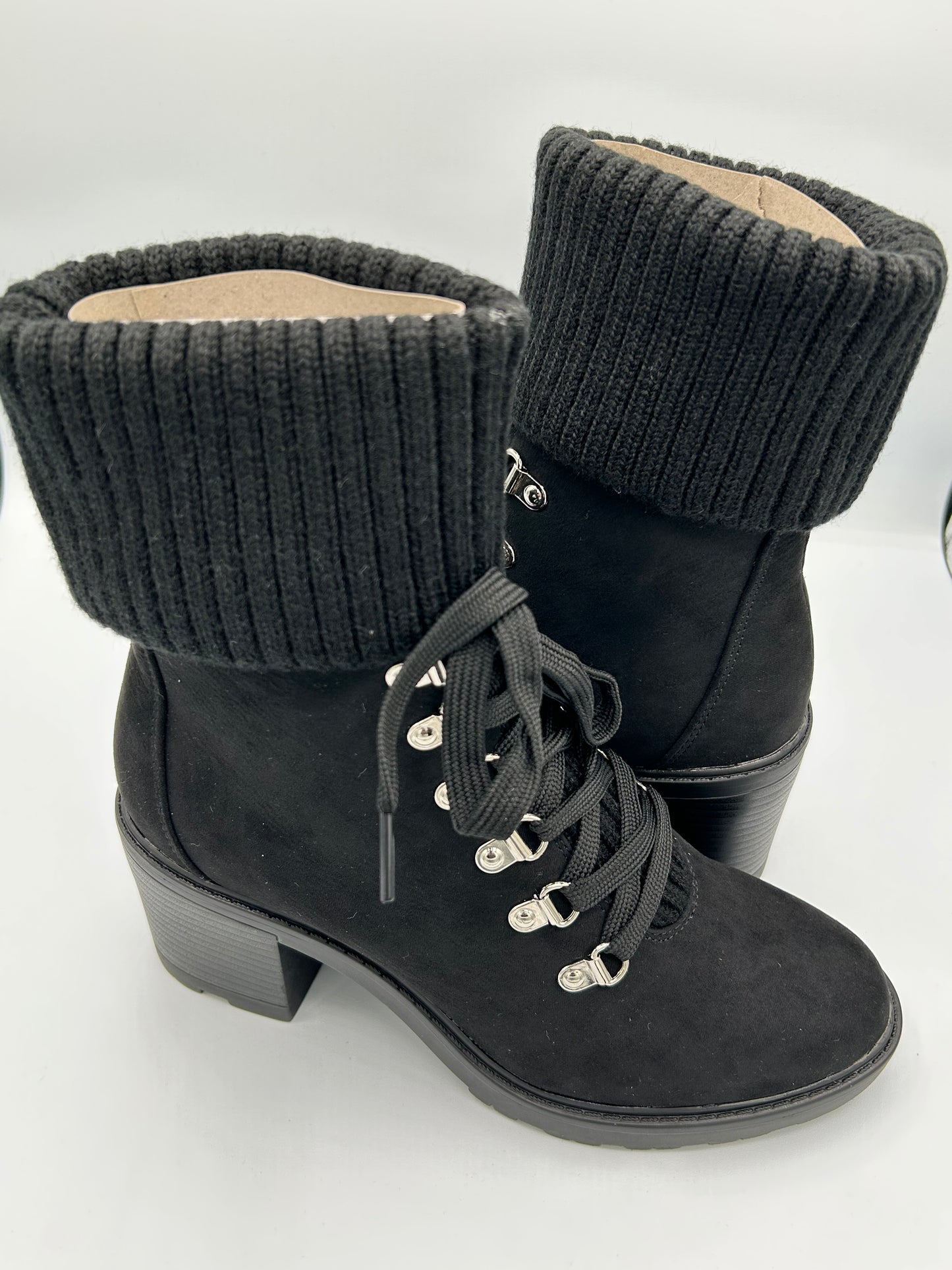 Black suede-like bootie with fold down top